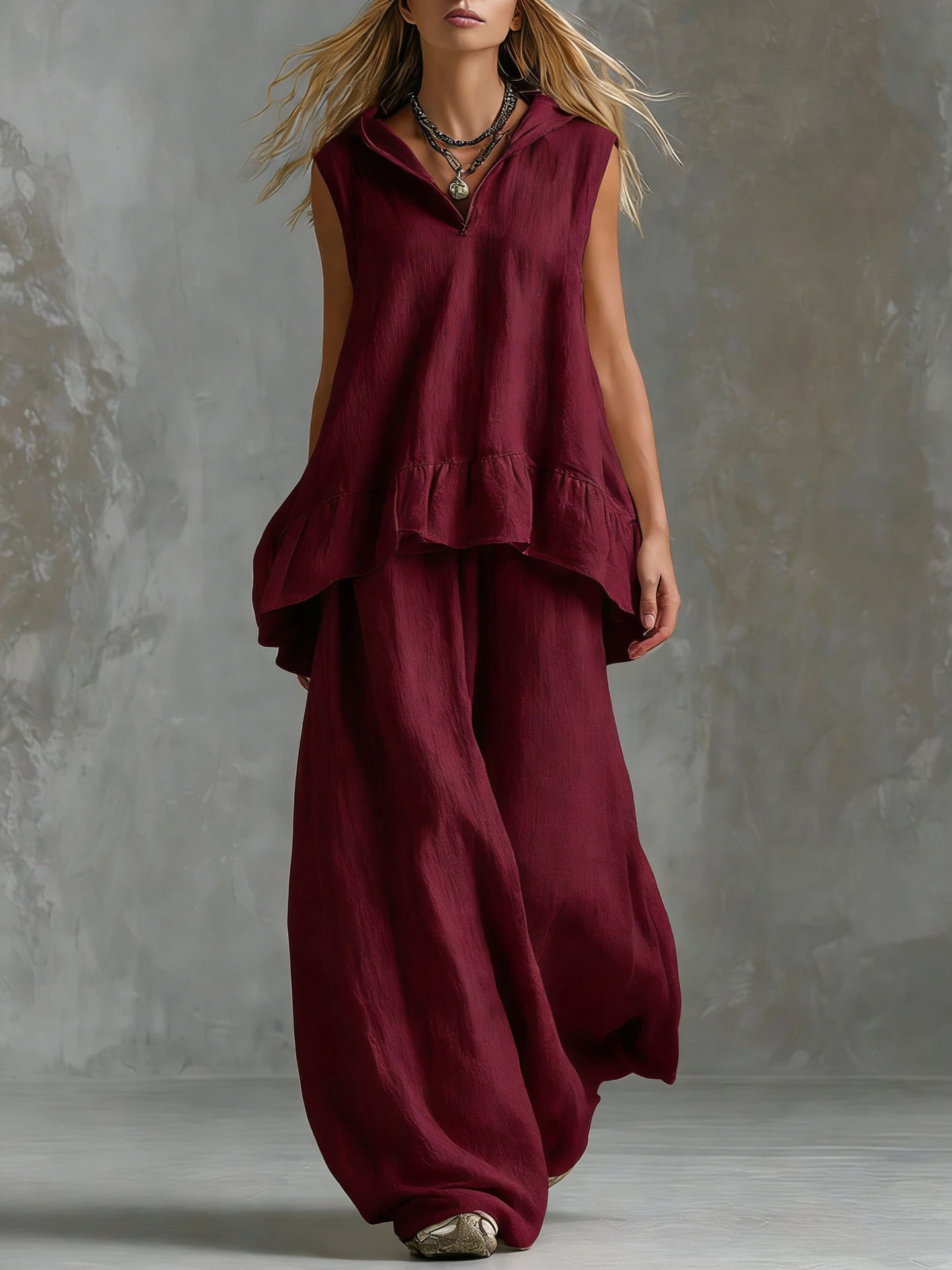 Sleeveless Hooded Textured Two-Piece Set