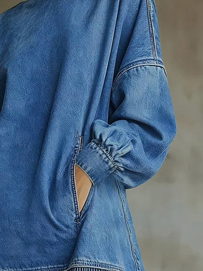 Women Casual Denim Blue Mini Dress Turtleneck H-Line Fall Daily