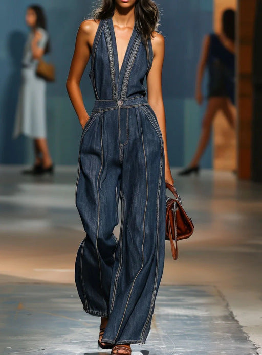 Dark Denim Halter Deep V Contrast Stitch High Waist Wide Leg Jumpsuit