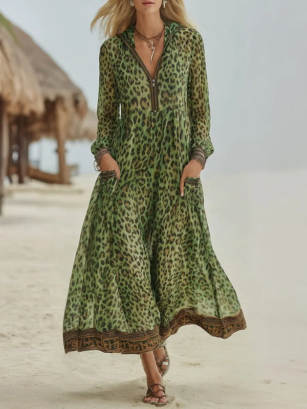 Women's Retro Casual Leopard Print Art Hooded Midi Dress