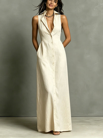 Women's Minimalist Linen-Blend Collared Single-Breasted Sleeveless Maxi Shirt Dress