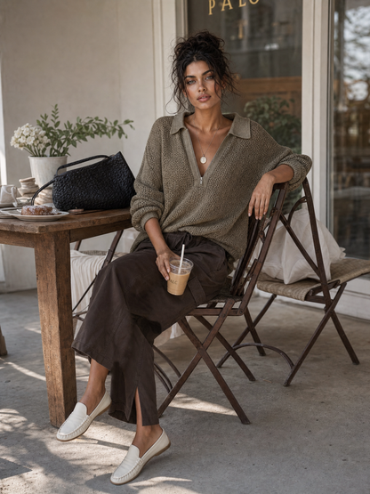 Women's Minimalist Pointelle Half-Zip Long-Sleeve Sweater MDZ2005G9WY