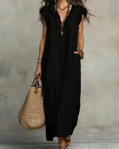 Women’s Boho Sleeveless Ruffle Maxi Dress with Pockets
