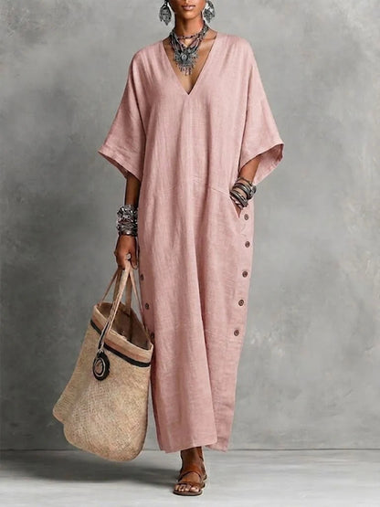 Natural Linen V-Neck Batwing Side Button Slit Maxi Kaftan Dress