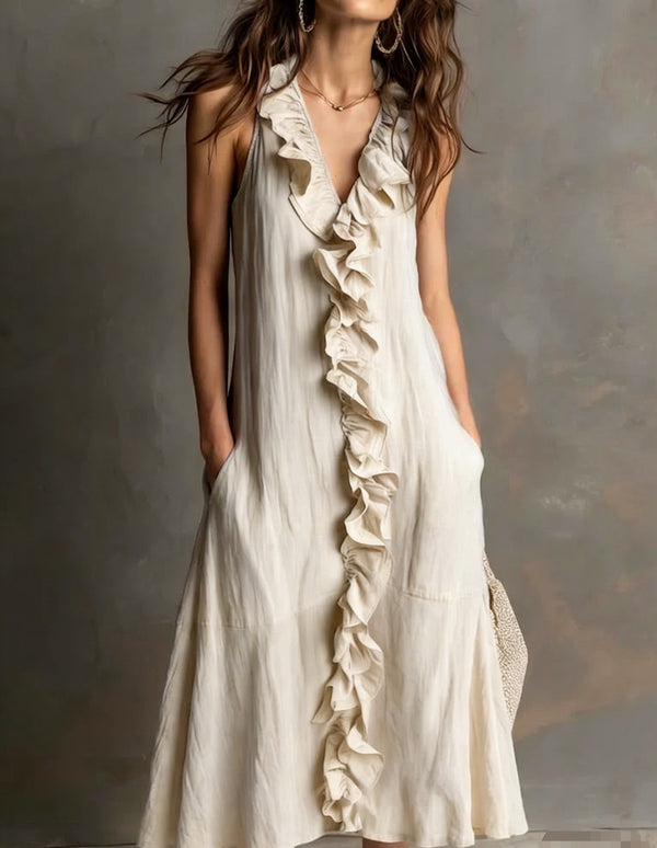 🌿 Ruffle V-Neck Sleeveless Midi Dress