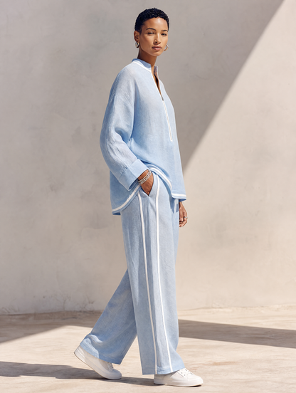 Women's Light‑Blue Linen Fabric Stand‑Collar Half‑Zip Oversized Top & Wide‑Leg Pants Set MDZ1594G5ZRK