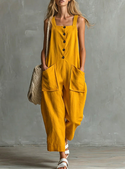 Loose Linen Square Neck Sleeveless Pocket Jumpsuit Casual Overall