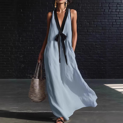 Bohemian Style White And Black Color Blocked Sleeveless V-neck Maxi Dress