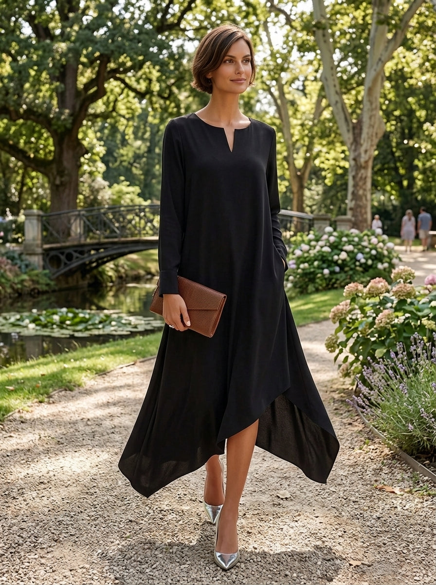 Women's Small V-Neck And Asymmetrical Hem Cotton-Blend Midi Dress