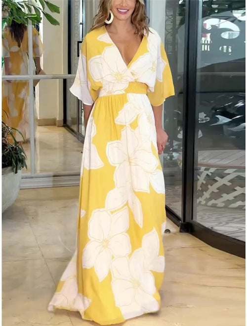 Women's Summer Casual Boho Dress Floral V Neck Tassel Bohemian Midi Dresses