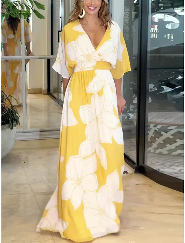Women's Summer Casual Boho Dress Floral V Neck Tassel Bohemian Midi Dresses