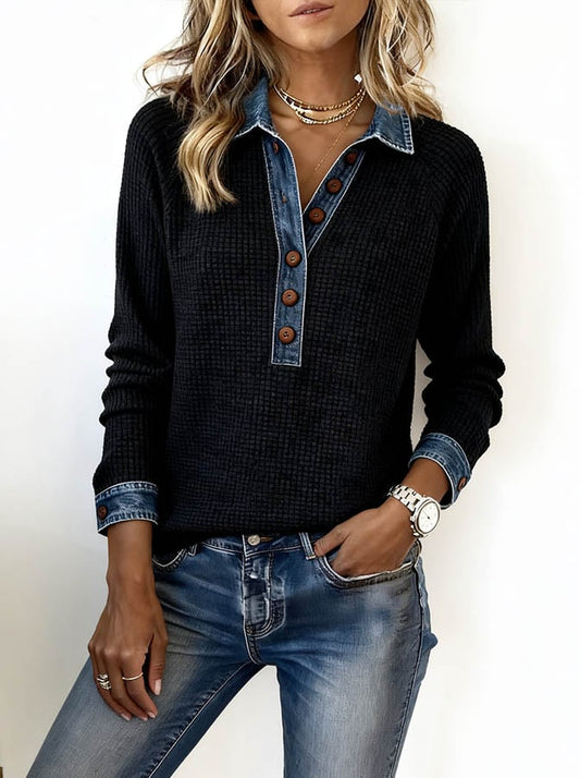 Cool Long Sleeve Denim Collar Button Front Top