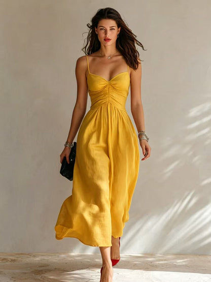 Linen Spaghetti Strap Sweetheart Ruched Bust Flowy Midi Dress