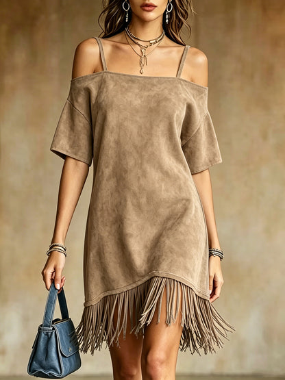 Off Shoulder Spaghetti Strap Suede Fringe Mini Dress