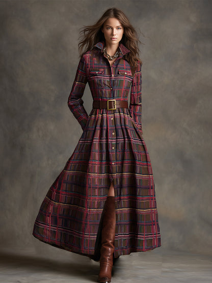 retro-ethnic-style-lapel-reddish-brown-plaid-maxi-dress - Oyrosy