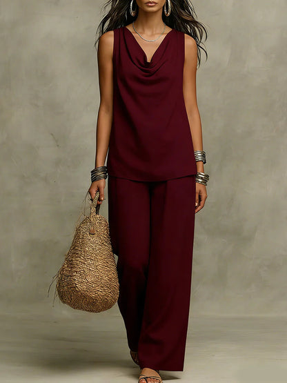 Effortless Drape Two-Piece Set - Sleeveless Cowl Neck Top & Wide Leg Pants