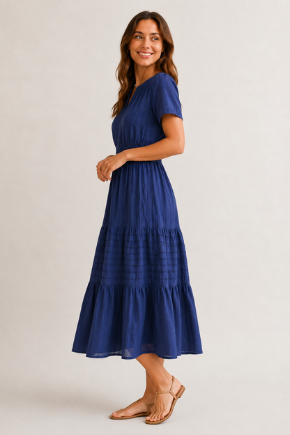 Tiered Notched Short Sleeve Dress