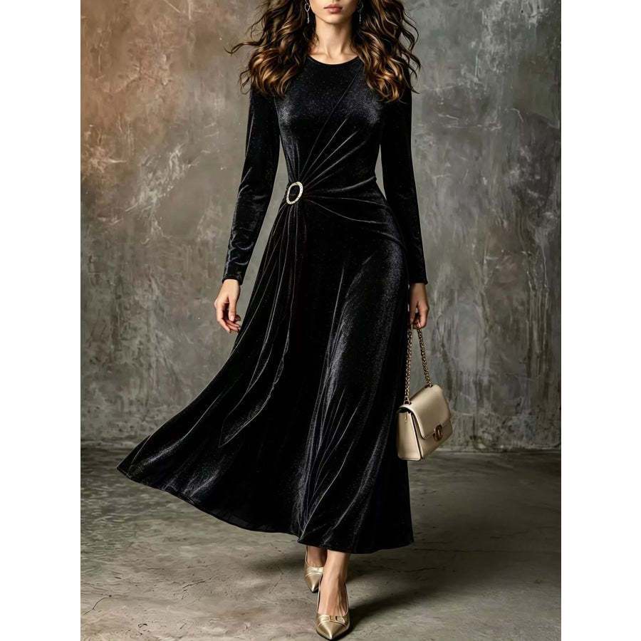Full Size Velvet Long-Sleeve Maxi Dress with Ring Detail Plus Black / XS Apparel and Accessories