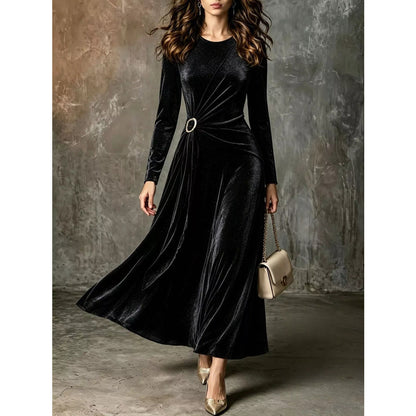 Full Size Velvet Long-Sleeve Maxi Dress with Ring Detail Plus Black / XS Apparel and Accessories