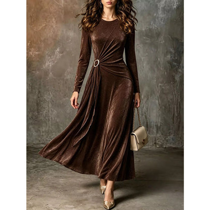 Full Size Velvet Long-Sleeve Maxi Dress with Ring Detail Plus Coffee Brown / XS Apparel and Accessories