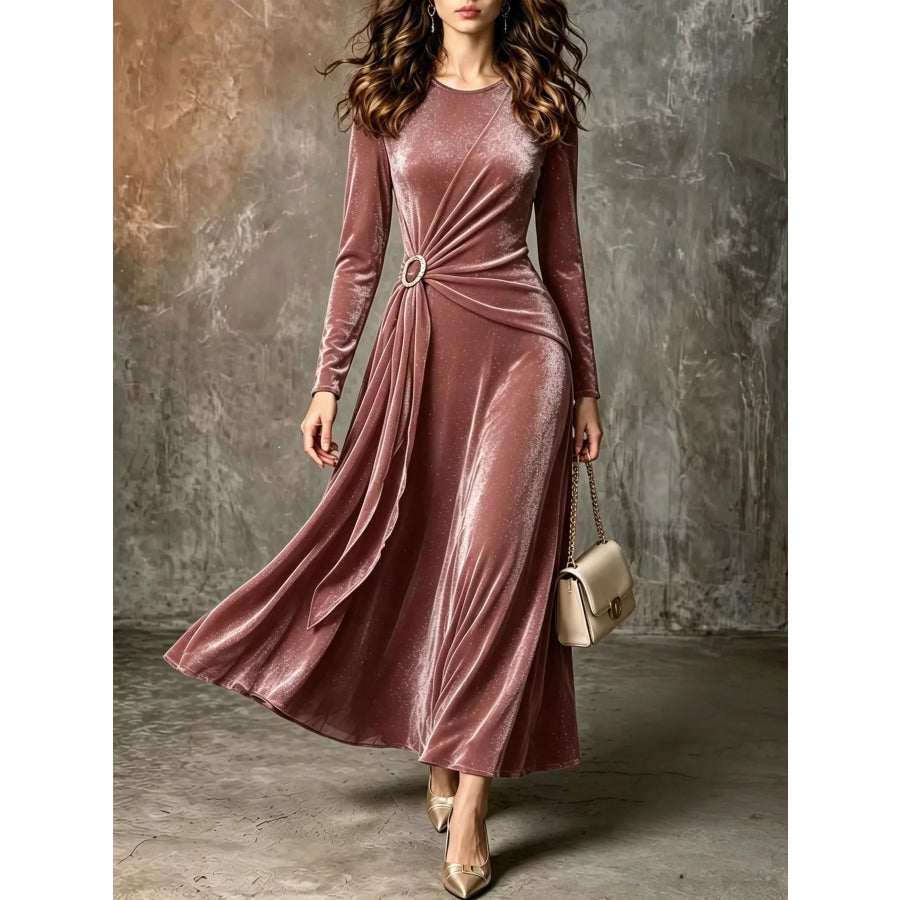 Full Size Velvet Long-Sleeve Maxi Dress with Ring Detail Plus Pink / XS Apparel and Accessories