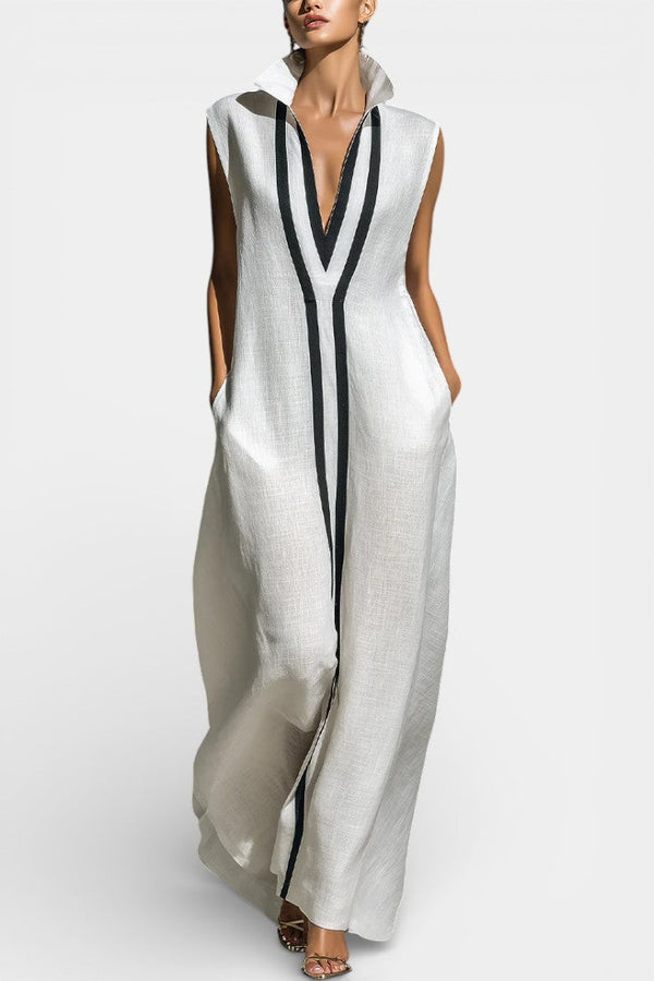 Graphic Sleeveless Maxi Jumpsuit with Contrasting Trim