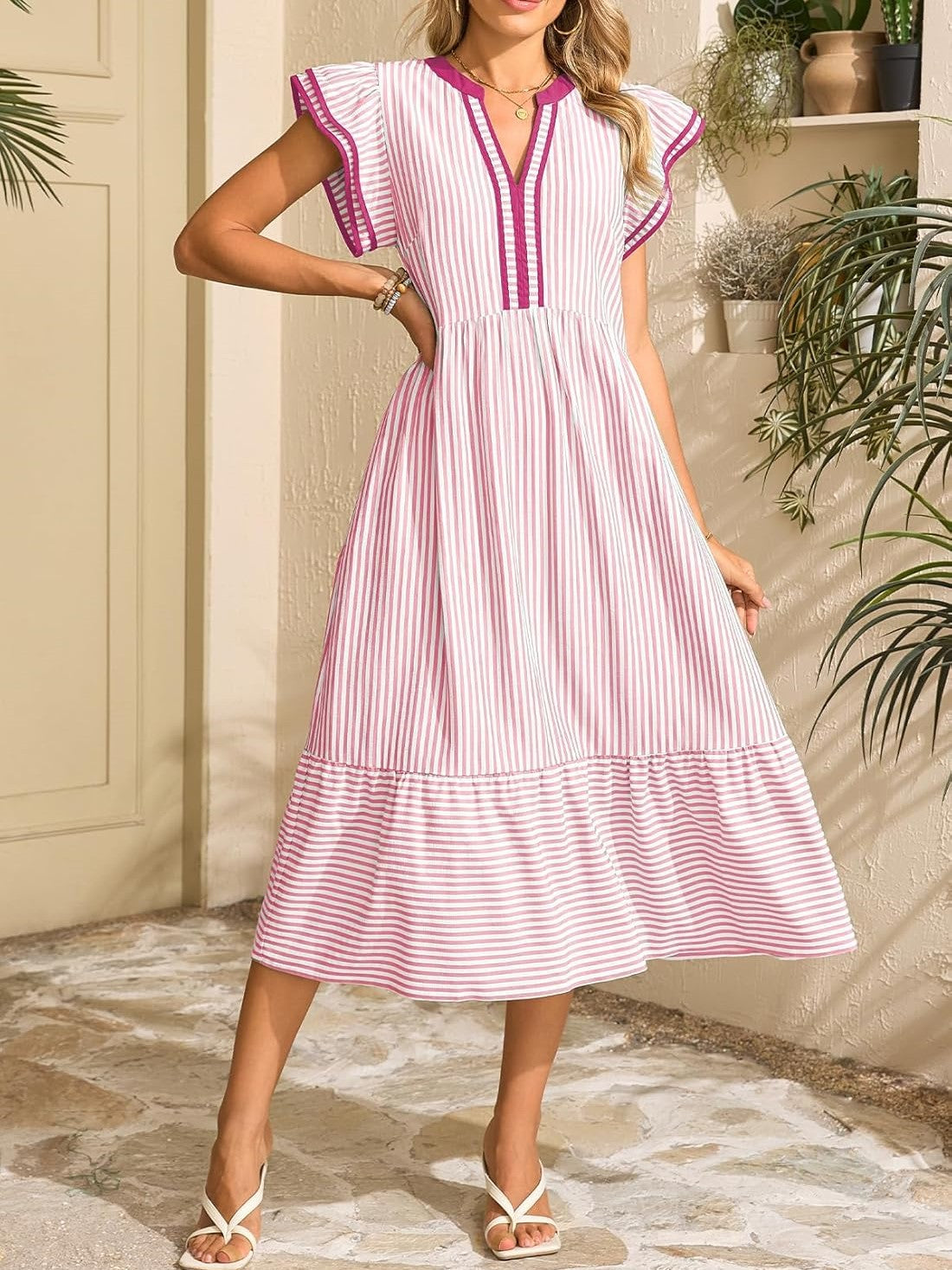 Women's Striped V-Neck Flutter Sleeve Long Dress