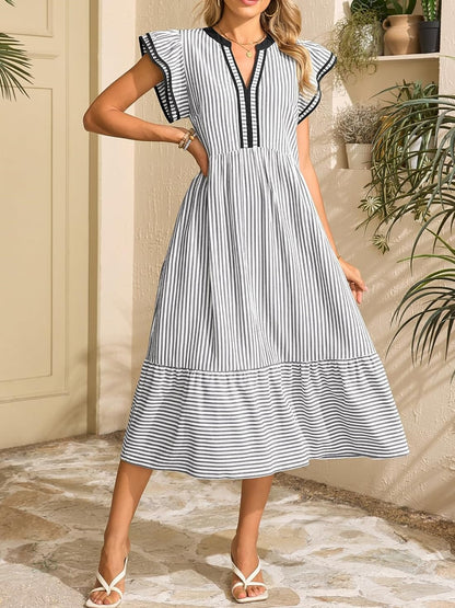 Women's Striped V-Neck Flutter Sleeve Long Dress