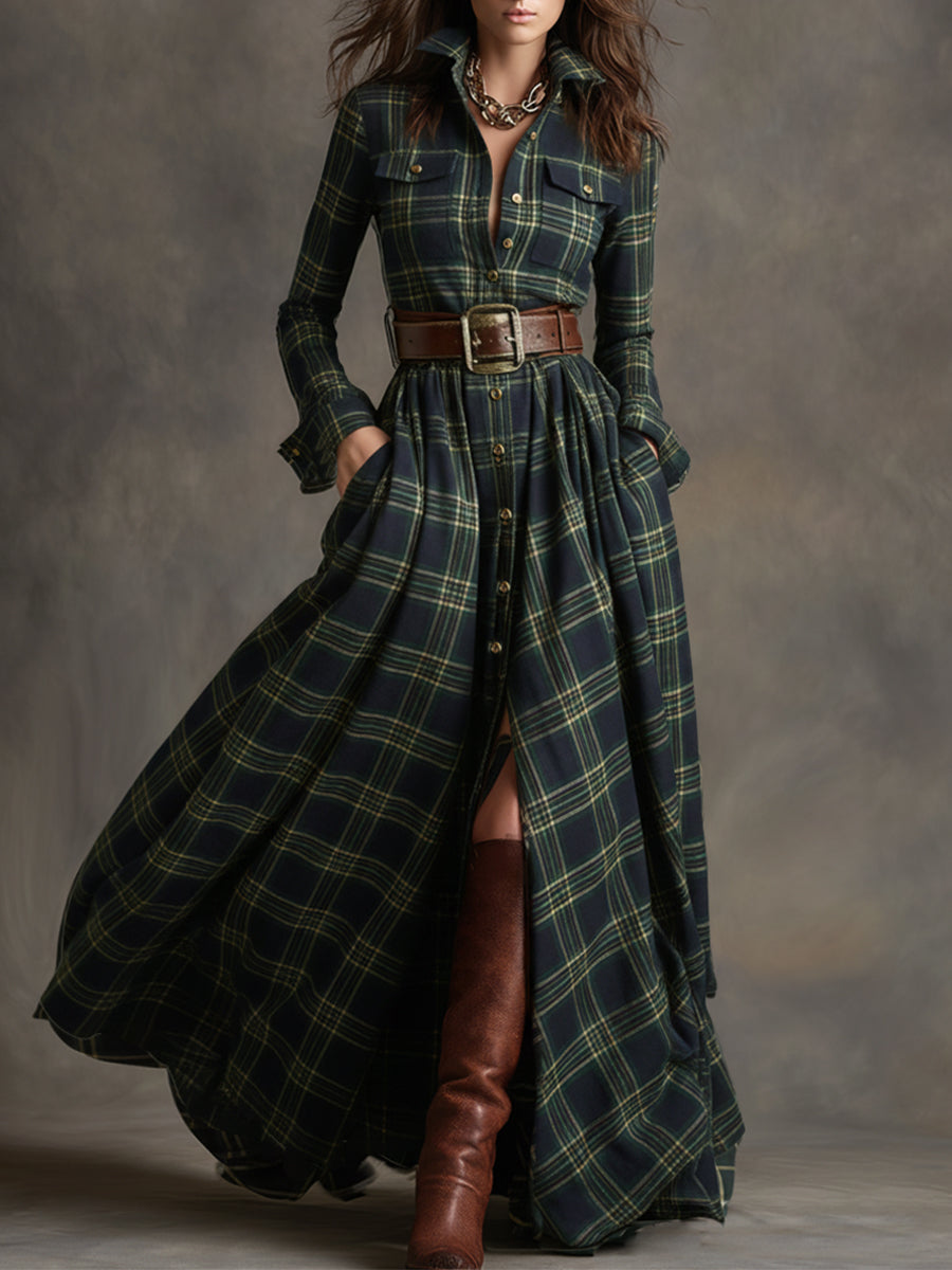 retro-ethnic-style-lapel-reddish-brown-plaid-maxi-dress - Oyrosy