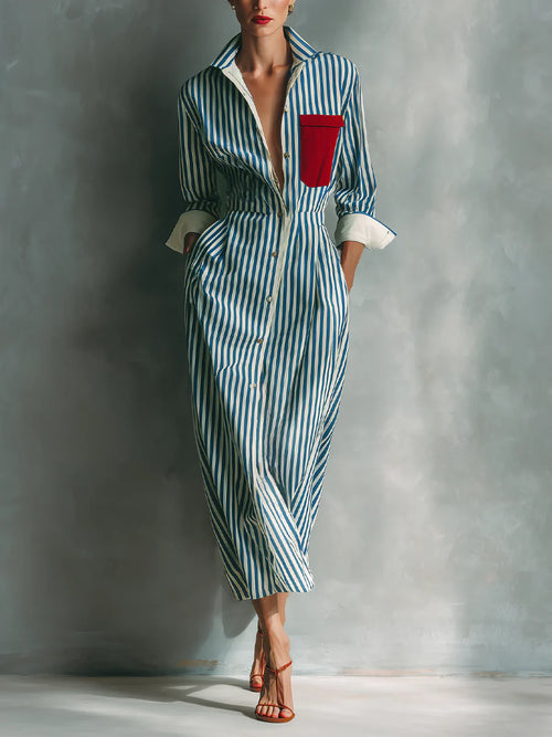 Blue White Vertical Stripe Contrast Red Pocket Midi Shirt Dress