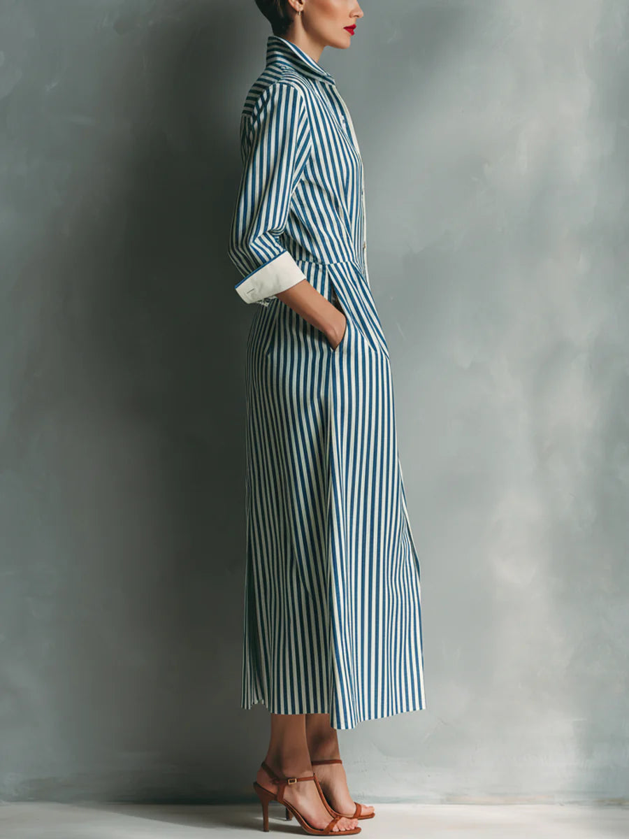 Blue White Vertical Stripe Contrast Red Pocket Midi Shirt Dress