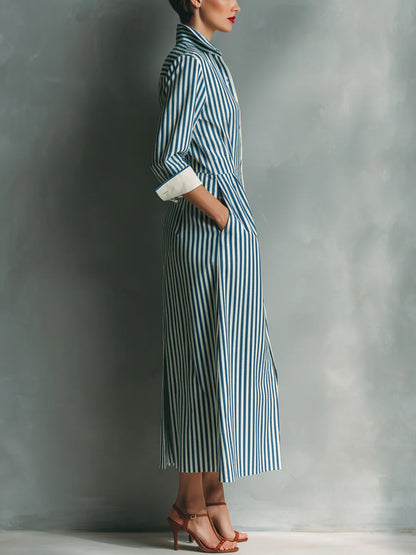 Blue White Vertical Stripe Contrast Red Pocket Midi Shirt Dress