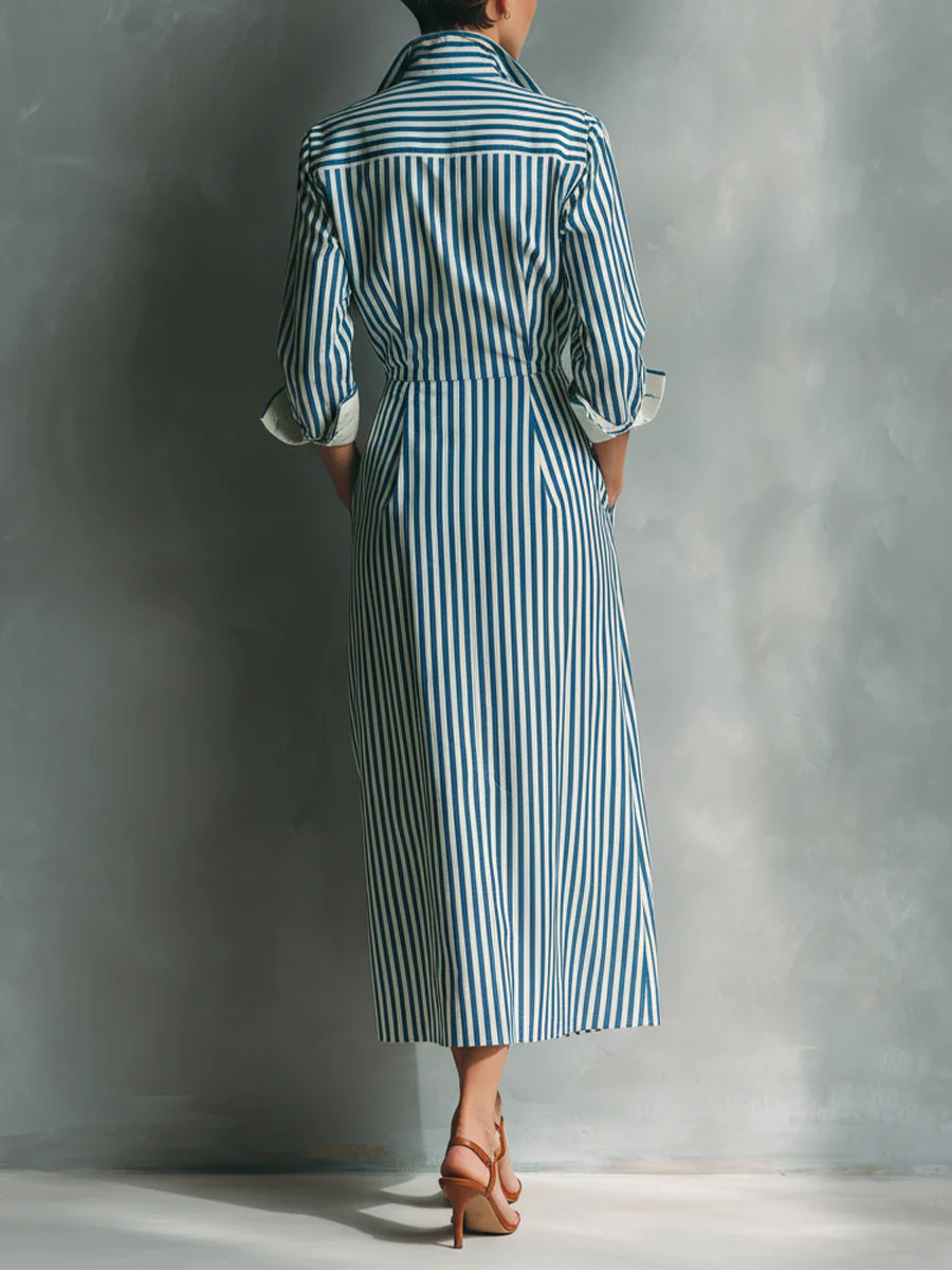 Blue White Vertical Stripe Contrast Red Pocket Midi Shirt Dress