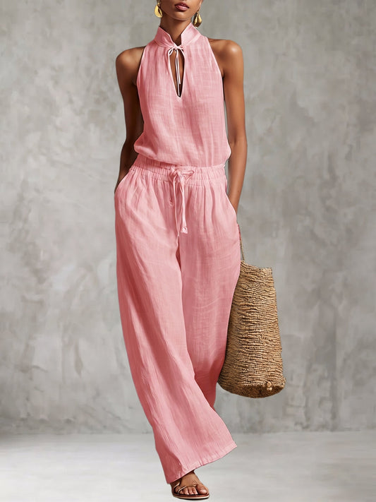 Urban Style Cotton And Linen Top And Wide-leg Pants Set