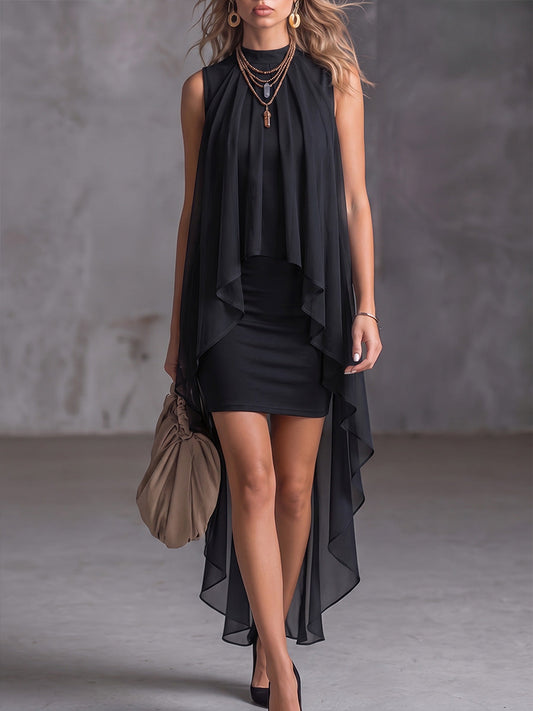Sleeveless Mock Neck Chiffon Overlay Bodycon Dress