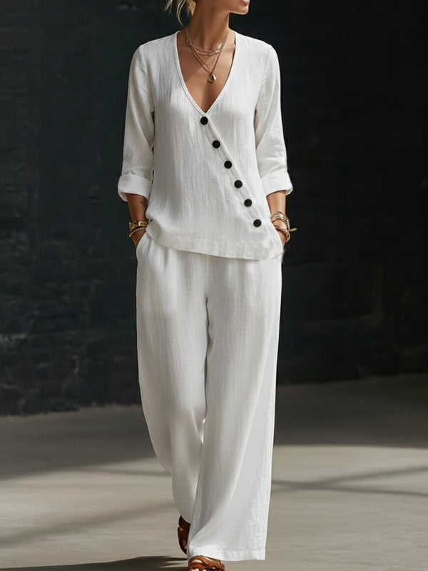 NEW🔥Minimalist V-neck Shirt And Wide-leg Pants Two-piece Set