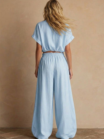 Light Blue Crinkled Linen Two Piece Set, Stand Collar Button Crop Top & Drawstring Wide Leg Pocket Pants Matching Outfit
