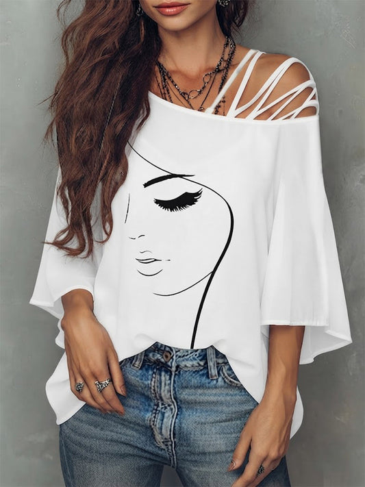 Abstract Face Line Art Crisscross Cold Shoulder Flare Sleeve Blouse
