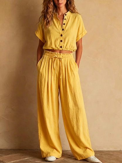 Light Blue Crinkled Linen Two Piece Set, Stand Collar Button Crop Top & Drawstring Wide Leg Pocket Pants Matching Outfit
