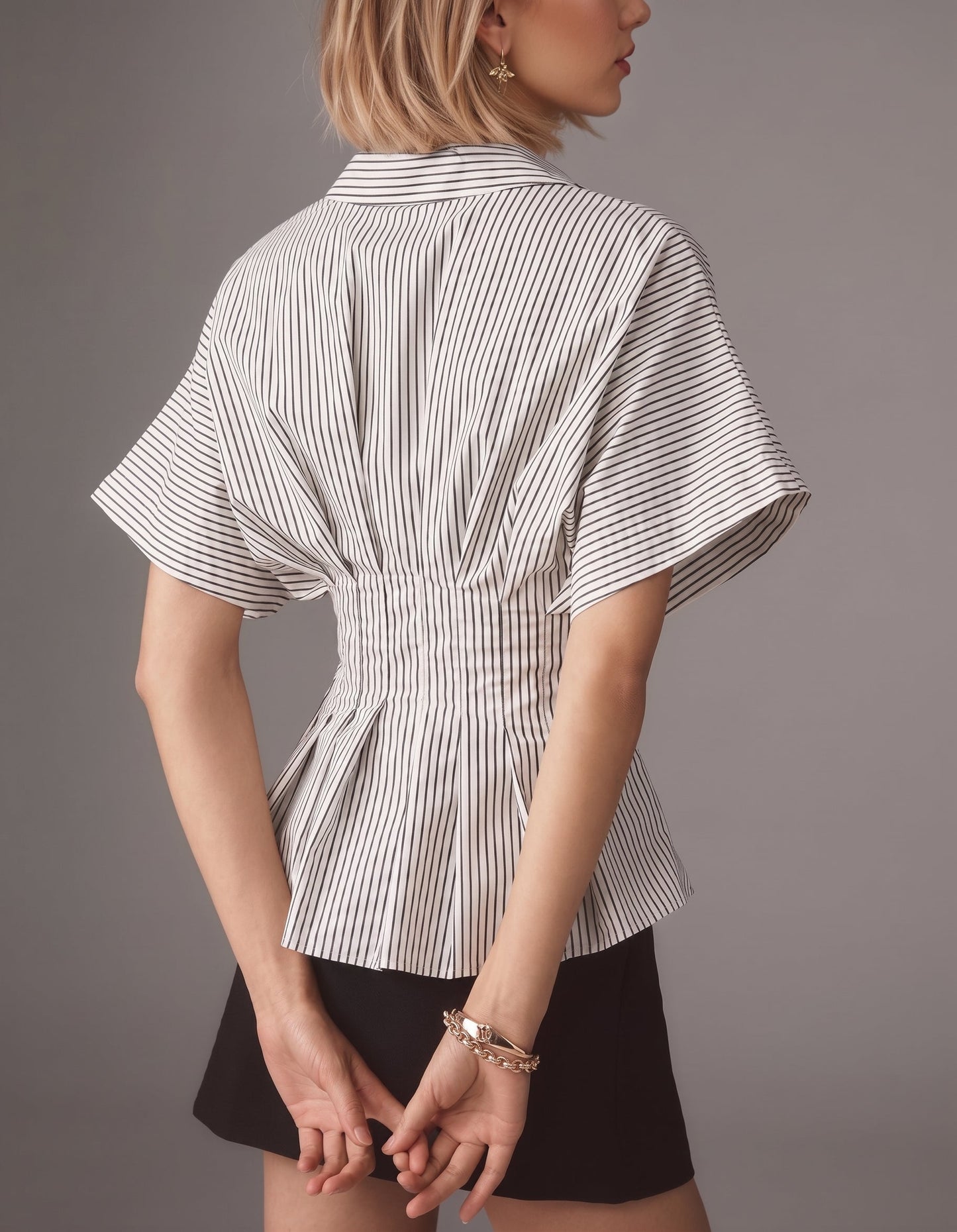 Striped Collared Flutter Sleeve Cinched Waist Peplum Shirt
