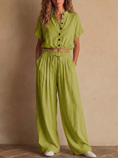 Light Blue Crinkled Linen Two Piece Set, Stand Collar Button Crop Top & Drawstring Wide Leg Pocket Pants Matching Outfit