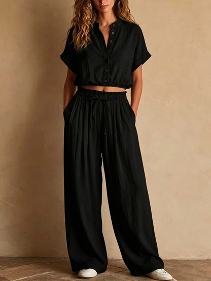 Light Blue Crinkled Linen Two Piece Set, Stand Collar Button Crop Top & Drawstring Wide Leg Pocket Pants Matching Outfit