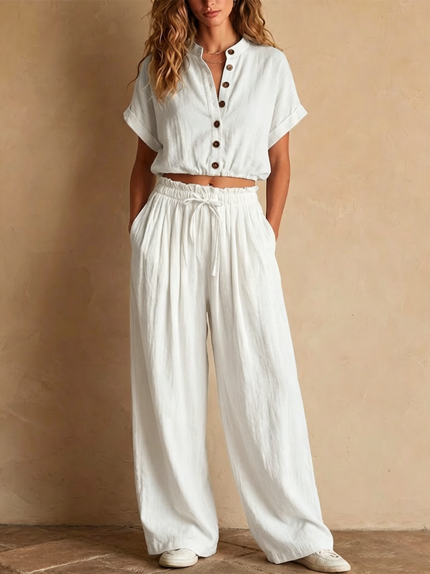 Light Blue Crinkled Linen Two Piece Set, Stand Collar Button Crop Top & Drawstring Wide Leg Pocket Pants Matching Outfit