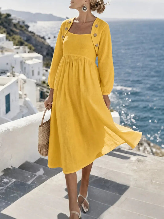 Sunny Coastal Linen-Blend Button-Detail Midi Dress