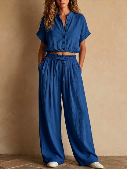 Light Blue Crinkled Linen Two Piece Set, Stand Collar Button Crop Top & Drawstring Wide Leg Pocket Pants Matching Outfit