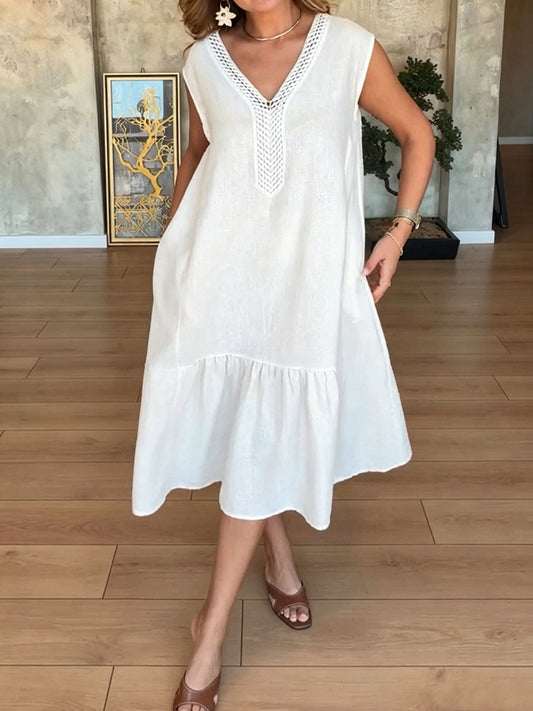 Women's Solid Color V-neck Sleeveless Casual Loose Cotton-linen Dress