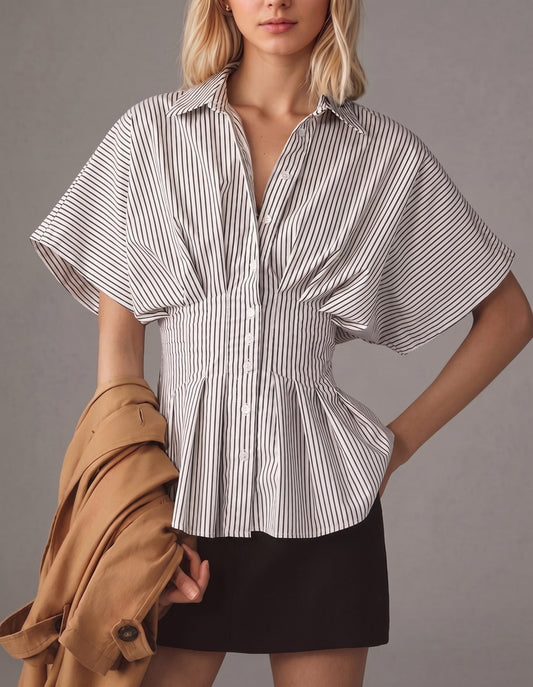 Striped Collared Flutter Sleeve Cinched Waist Peplum Shirt