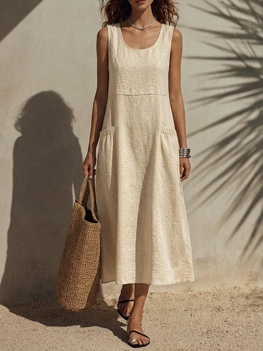 Women's Solid Color Crew Neck Sleeveless Casual Loose Cotton-linen Dress