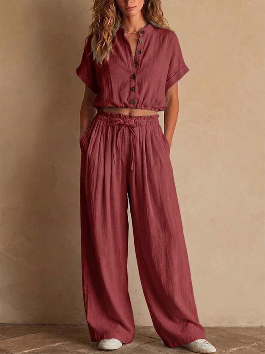 Light Blue Crinkled Linen Two Piece Set, Stand Collar Button Crop Top & Drawstring Wide Leg Pocket Pants Matching Outfit