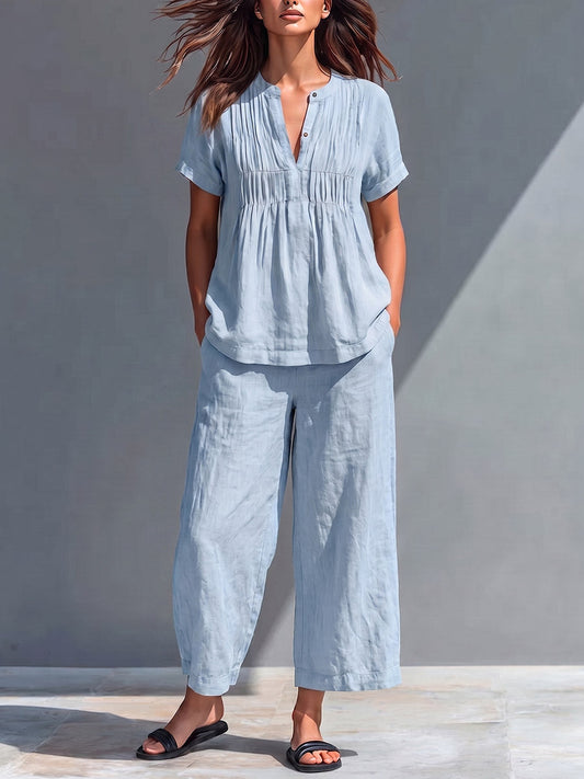 Women's Solid-color Cotton-linen Set: Loose-fit Short-sleeve Crew-neck Top & High-waisted Wide-leg Pants